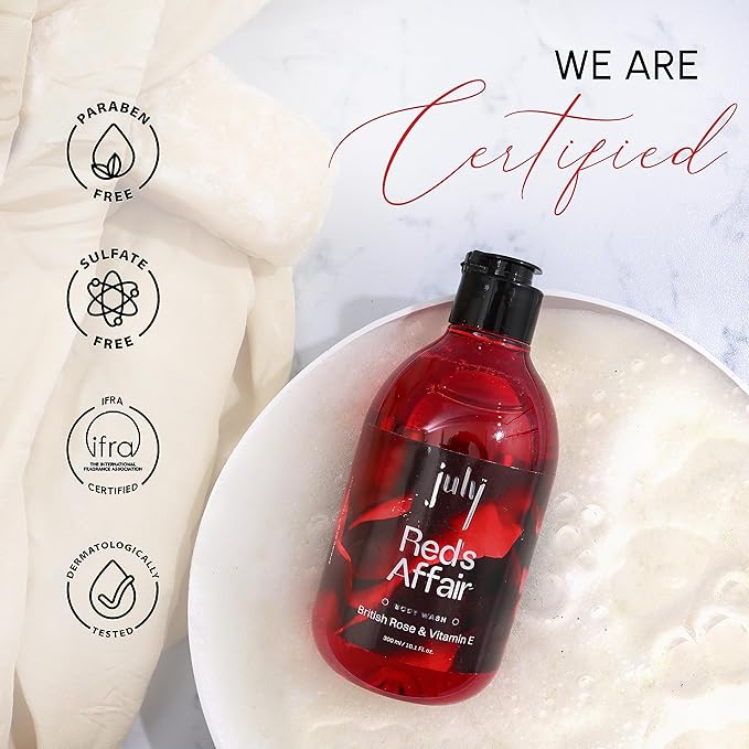 July Reds Affair Body Wash 300ml British Rose Vitamin E with Moisturizer Long Lasting Fragrance Exfoliating Shower Gel Nourishing Body Wash for Women &amp Men