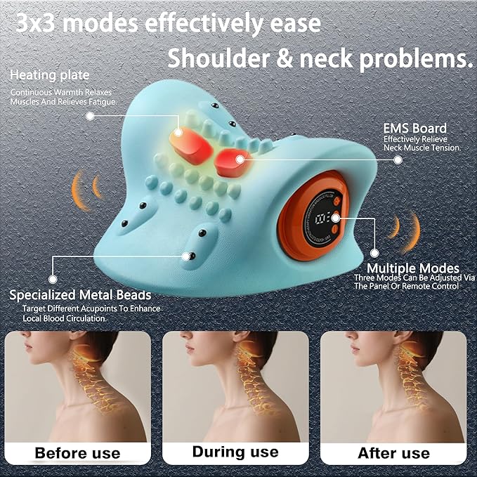 Neck Massager with Heat Neck Traction Device and Deep Tissue and Shoulder Massager for Pain Relief Cervical Traction Device Comfortable Pillow Design for Office Crowd