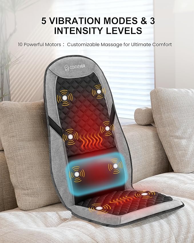 COMFIER Back Massager with Heat Massage Seat Cushion for Chair with 10 Vibration Motors Adjustable Lumbar SupportChair Massager for OfficeReclinerGifts for MenWomen