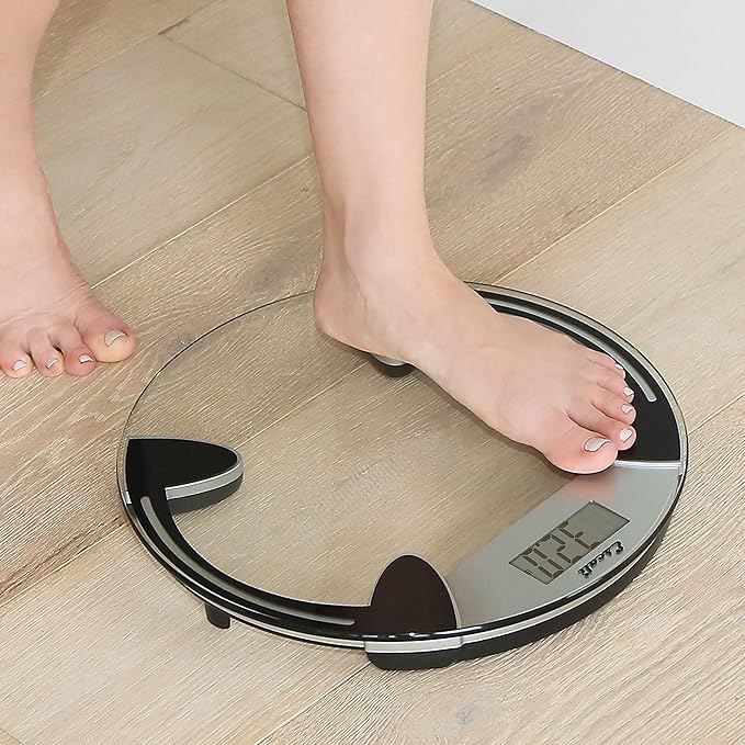 Escali Digital Glass Bath Scale for Body Weight Bathroom Body Scale High Capacity of 400 lb Battery Included Clear Round Platform