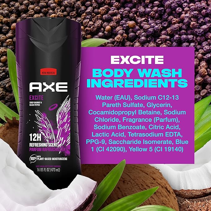 AXE Body Wash 12h Refreshing Scent Excite Crisp Coconut &amp Black Pepper Men's Body Wash with 100% Plant-Based Moisturizers 16 oz(Pack of 8)