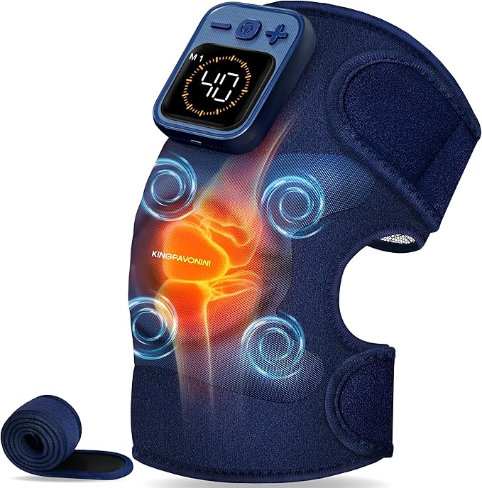 KingPavonini Cordless Knee Massager for Pain Relief Newly 4 Motors Vibration 5 Heat Levels 6 Massage Modes Knee Heating Pad for Knee Pain Heated Knee Massager Brace Gifts for Mom Dad (Blue 1.0)