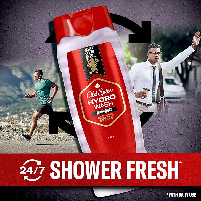 Old Spice Moisturizing Body Wash for Men Hydro Wash 2-in-1 Long Lasting Scent &amp Deep Hydration 24/7 Shower Fresh Swagger Scent 21 oz (Pack of 4)