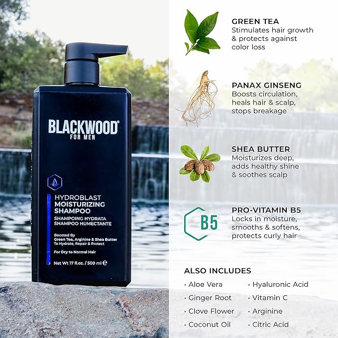 Blackwood For Men Hydroblast Moisturizing Shampoo (17oz) Pure Moisture Body Wash (17oz) and BioNutruent Foaming Face Wash (4.45oz) Bundle for Men