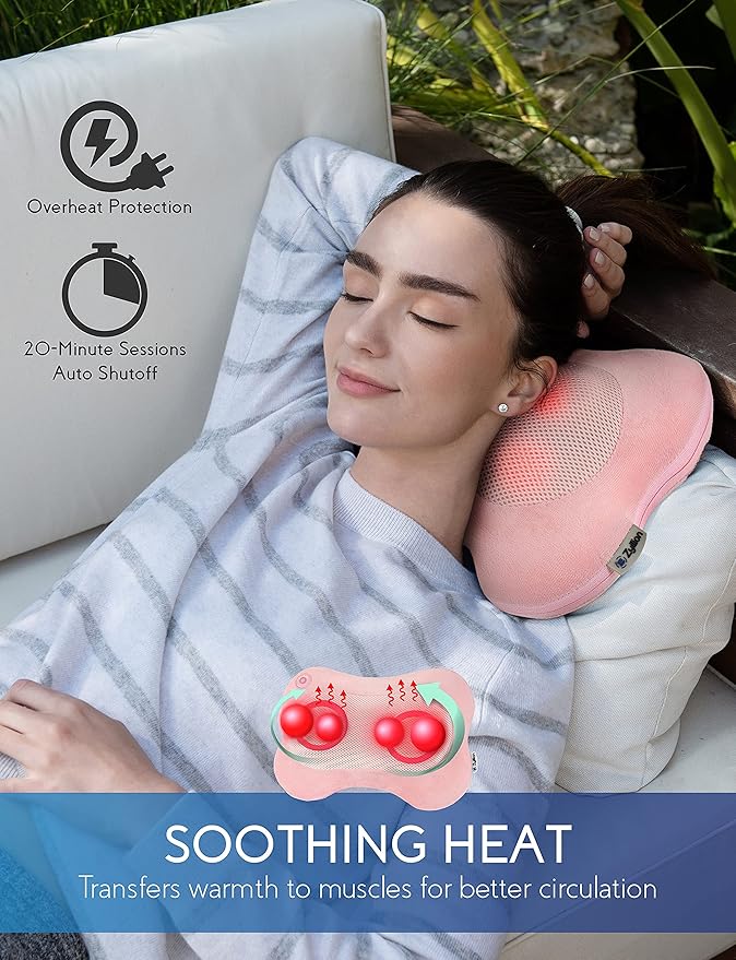 Zyllion Shiatsu Back and Neck Massager with Heat - 3D Electric Kneading Deep Tissue Massage Pillow for Muscle Pain Relief Pink ZMA-13