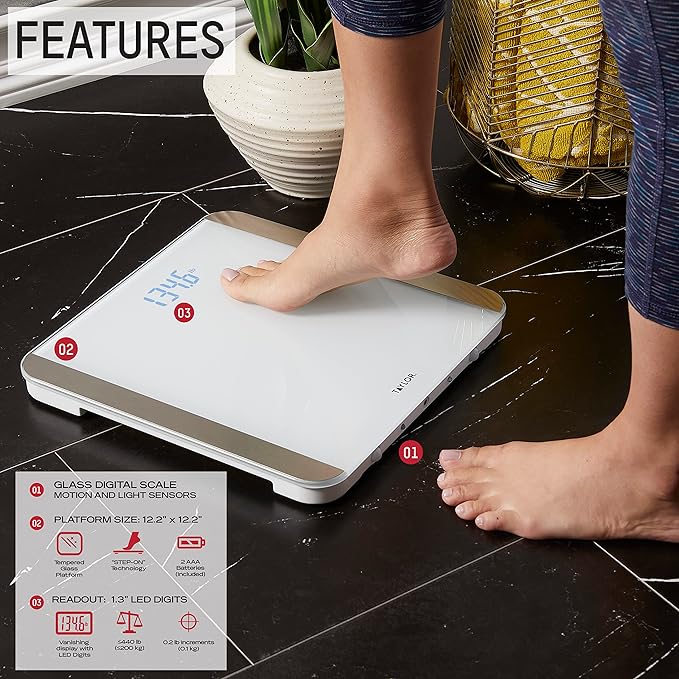 Taylor Glass Digital Bathroom Scale for Body Weight with Motion and Light Sensors Bright LED Display 440 lbs White