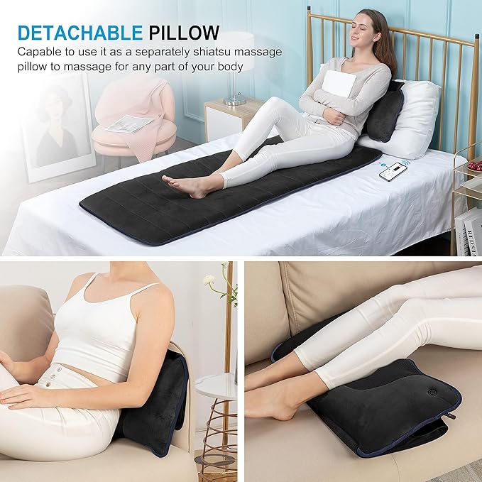 COMFIER Full Body Massage Mat with Heat &amp Vibration - 10 Motors App Control Movable Shiatsu Neck Pillow &amp 4 Heating Pads for Neck Shoulders Back Black