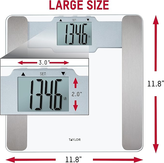 Taylor Digital Body Composition Bathroom Scale – 11.8 Tempered Glass Platform 400 lb Capacity Weight Monitor with Athlete Mode 6 User Recognition &amp Body Analysis Features (Clear)