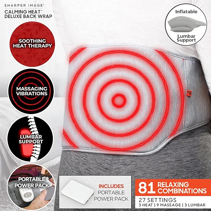 Calming Heat Back Wrap by Sharper Image- Cordless Electric Back Heating Pad Inflatable Lumbar Soothing Heat &amp Vibration- 27 Settings 3 Heat 9 Vibration 3 Lumbar Includes Portable Power Pack
