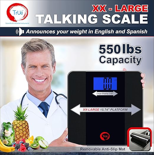 Tone 550 Extra Large 16 x 16 Platform Talking Bathroom Scale 550 lb Capacity English &amp Spanish Voice Easy-Read LCD Display Anti-Slip Mat Tempered Safety Glass Platform