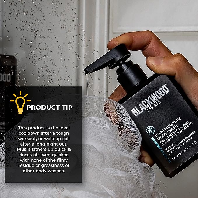 Blackwood For Men Pure Moisture Body Wash (7oz) + Double Duty Beard &amp Body Scrubber Bundle - Natural Vegan Formula for Sensitive Skin and Workout Recovery - Dual-Sided Men's Shower Tool