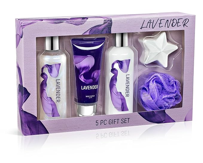 Fragrance Bath &amp Body Collection Gift Box Includes Shower Gel Body Lotion Body Scrub Bath Bomb &amp Sponge (Lavender) – Mother's Day Gift for Mom
