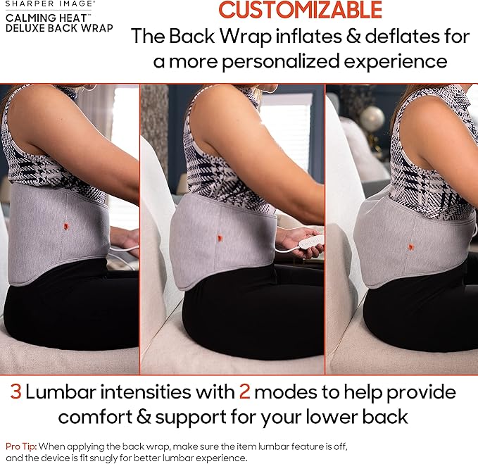 Calming Heat Back Wrap by Sharper Image- Cordless Electric Back Heating Pad Inflatable Lumbar Soothing Heat &amp Vibration- 27 Settings 3 Heat 9 Vibration 3 Lumbar Includes Portable Power Pack