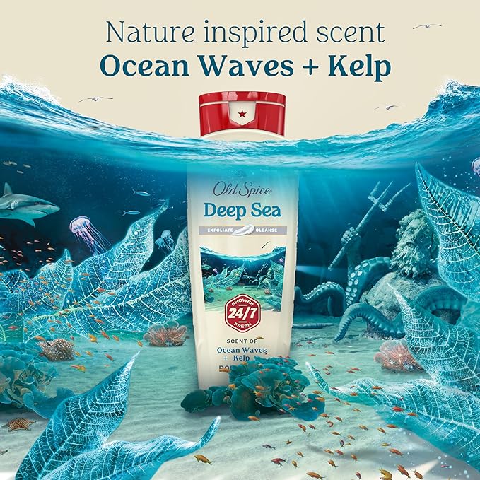 Old Spice Cleansing Body Wash for Men 24/7 Shower Fresh with Lasting Scent Exfoliate &amp Cleanse Gentle on Skin Vitamin B3 Deep Sea with Ocean Waves + Kelp Scent 18 oz (Pack of 4)