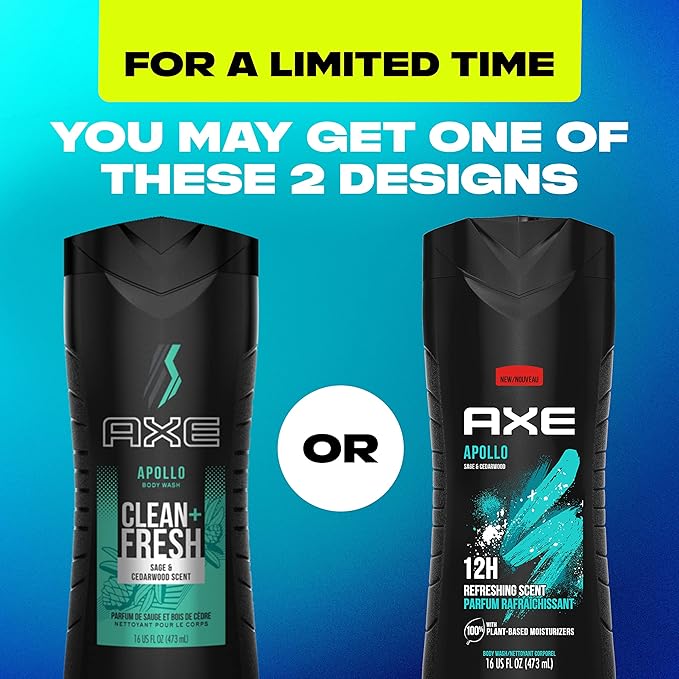 AXE Body Wash Phoenix 4 Count 12h Refreshing Scent Crushed Mint &amp Rosemary Men's Body Wash 16 oz &amp Body Wash Apollo 4 Count for Long Lasting Freshness Sage &amp Cedarwood Men's Body Wash 16 o