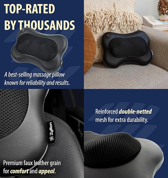 Zyllion Shiatsu Back and Neck Massager with Heat - Cordless Rechargeable 3D Electric Kneading Deep Tissue Massage Pillow for Muscle Pain Relief Black ZMA-13RB