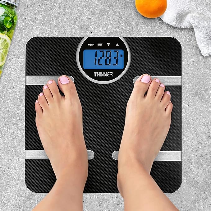 Thinner by Conair Scale for Body Weight Digital Bathroom Scale with Body Fat Muscle and BMI in Black