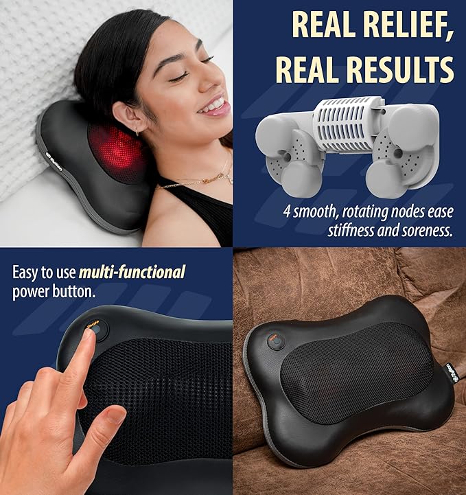Zyllion Shiatsu Back and Neck Massager with Heat - Cordless Rechargeable 3D Electric Kneading Deep Tissue Massage Pillow for Muscle Pain Relief Black ZMA-13RB