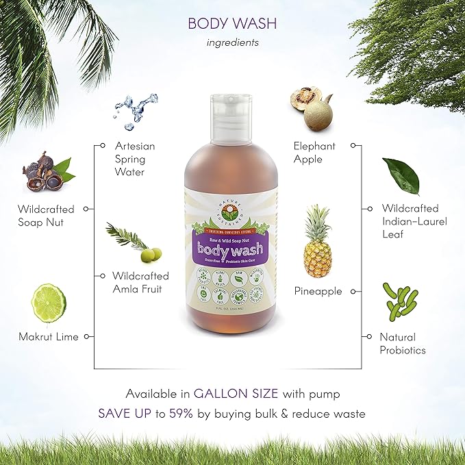 Nature Sustained Organic Body Wash &amp Face Wash – Raw &amp Wildcrafted with Probiotics Soapberry Formula for Eczema &amp Psoriasis - Wild Plants Selected for Sensitive &amp Dry Skin 9oz Origi