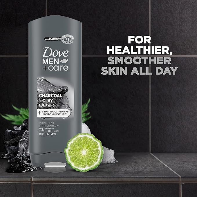 DOVE MEN + CARE Elements Body Wash Charcoal + Clay 4 Count For Men's Skin Care Effectively Washes Away Bacteria While Nourishing Your Skin 18 oz