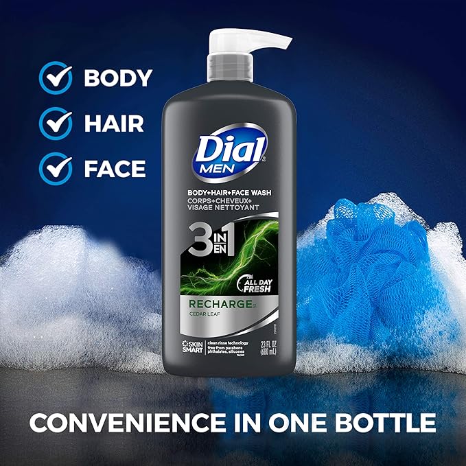 Dial Men 3in1 Body Hair and Face Wash Ultimate Clean 69 fl oz (3-23 fl oz Bottles) &amp Men 3in1 Body Hair and Face Wash Recharge 69 fl oz (3-23 fl oz Bottles)