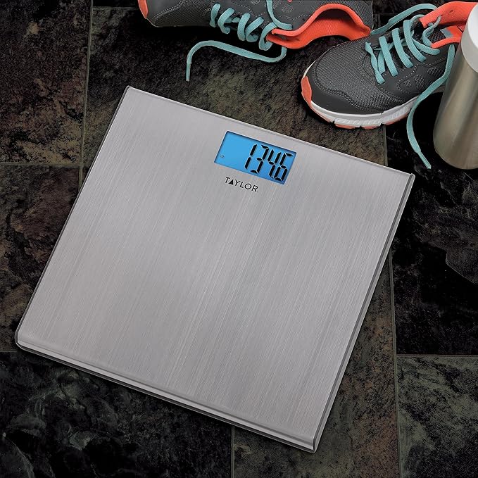 Taylor Digital Scales for Body Weight Extra-High 440 lb Capacity Thin Profile Unique Blue LCD Glass Platform 12.2 x 12.2 Inches Stainless Steel