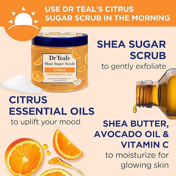 Dr Teal's Body Wash &amp Sugar Scrub Bundle with Epsom Salt Vitamin C &amp Essential Oils 24oz Body Wash (Pack of 2) &amp 19oz Sugar Scrub (Pack of 2)