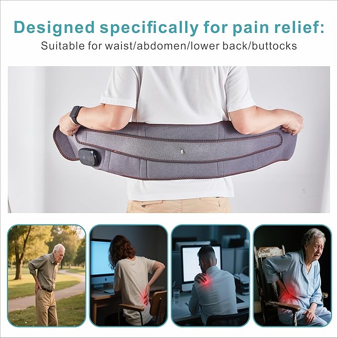 Lower Back Massager Waist Belt - Red Light Therapy 3 Heating &amp Vibration Levels Touchscreen Control Adjustable Size Multi-Use Heating Pad for Back/Stomach/Neck Pain Relief Heated Back Brace