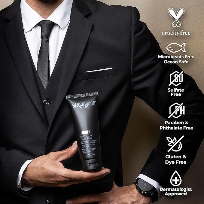 Blackwood For Men Body (17 oz) &amp Face Wash (7.41 oz) Bundle - for Sensitive Skin Workout Recovery Deep Cleansing Acne - Infused with Ginseng Menthol Charcoal &amp Clay - Sulfate Free Parabe