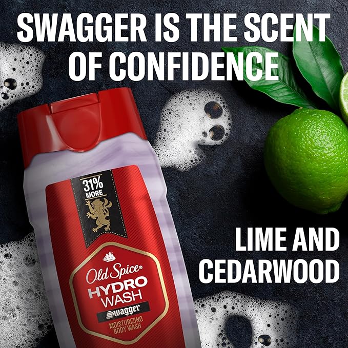 Old Spice Moisturizing Body Wash for Men Hydro Wash 2-in-1 Long Lasting Scent &amp Deep Hydration 24/7 Shower Fresh Swagger Scent 21 oz (Pack of 4)