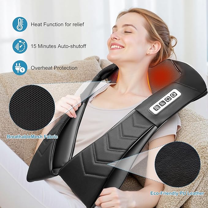 Shiatsu Neck and Back Massager Electric Shoulder Massager with Heat Deep Tissue Kneading Massage for Pain Relief Idea Gifts (NOT Cordless)