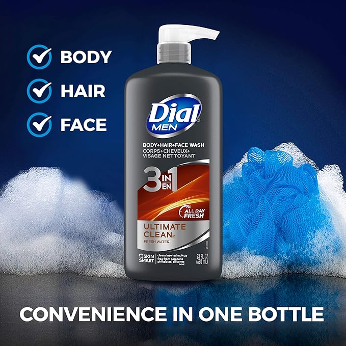 Dial Men 3in1 Body Hair and Face Wash Ultimate Clean 69 fl oz (3-23 fl oz Bottles) &amp Men 3in1 Body Hair and Face Wash Recharge 69 fl oz (3-23 fl oz Bottles)