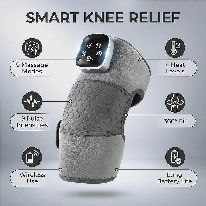 2026 Upgraded Cordless Knee Massager with Heat &amp Vibration Adjustable Wrap Design LED Display Rechargeable Knee Heating Pad for Home Office &amp Daily Relaxation (Grey(Single))