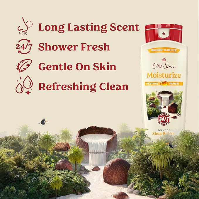 Old Spice Cleansing Body Wash for Men 24/7 Shower Fresh with Lasting Scent Restore &amp Renew Gentle on Skin Vitamin B3 Moisturize with Shea Butter Scent 18 oz (Pack of 4)