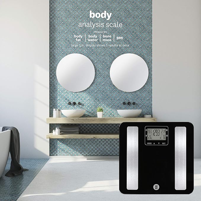 Weight Watchers Scales by Conair BathroomScale for Body WeightGlass Digital Scale with Body Analysis Measures Body Fat Body WaterBMI &amp Bone Mass for 4 Users Measures Weight up to 400 Lbs.in B