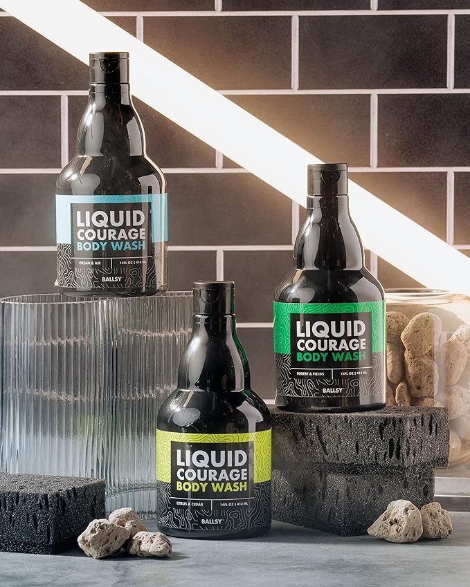 Ballsy Liquid Courage Body Wash to Hydrate Skin with Aloe Vera Coconut Oil and Jojoba Spheres Citrus and Cedar 14 oz