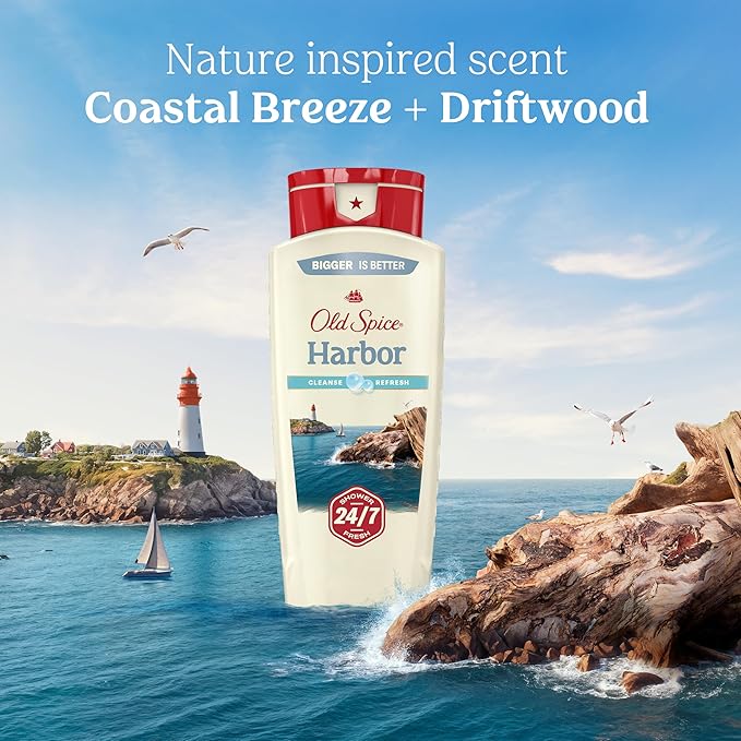 Old Spice Cleansing Body Wash for Men 24/7 Shower Fresh with Lasting Scent Cleanse &amp Refresh Gentle on Skin Vitamin B3 Harbor with Coastal Breeze + Driftwood Scent 18 oz (Pack of 4)