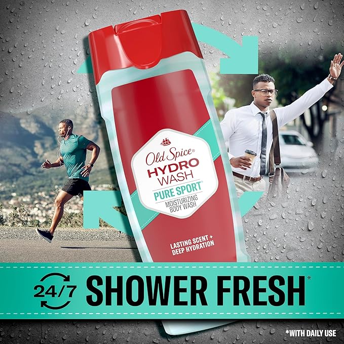 Old Spice Moisturizing Body Wash for Men Hydro Wash 2-in-1 Long Lasting Scent &amp Deep Hydration 24/7 Shower Fresh Pure Sport Scent 16 oz (Pack of 4)