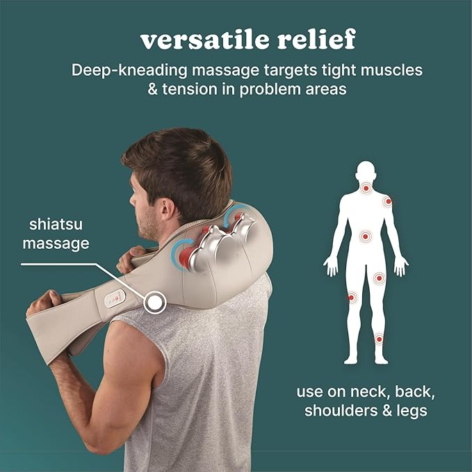 HoMedics Shiatsu Deluxe Neck &amp Shoulder Massager with Heat 3 Speeds Changes Direction Muscle Kneading for Back &amp Legs Portable Convenient Straps Thera-P Beige