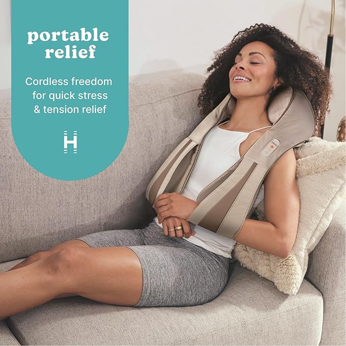 HoMedics Shiatsu Deluxe Neck &amp Shoulder Massager with Heat 3 Speeds Changes Direction Muscle Kneading for Back &amp Legs Portable Convenient Straps Thera-P Beige