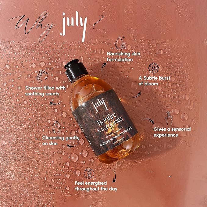 July Bonfire Memories Body Wash 300ml Oudh &amp Sandalwood Vitamin E with Moisturizer Long Lasting Fragrance Exfoliating Shower Gel Nourishing Body Wash for Women &amp Men