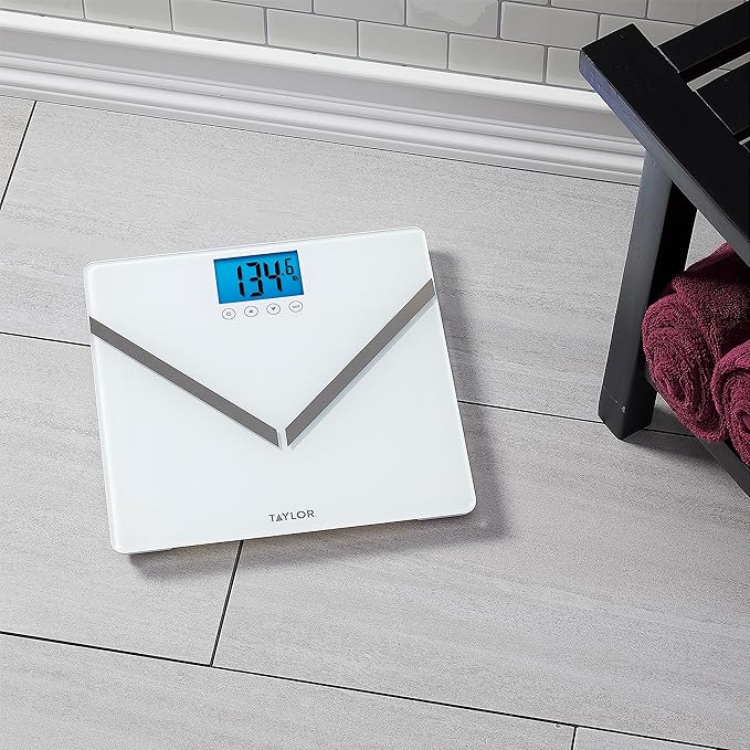 Taylor Digital Glass Body Composition Scale Bathroom Scale for Body Weight Measures Body Fat Body Water and Muscle Mass Percentages 8 User Recognition FSA HSA Eligible 440 lb Capacity White