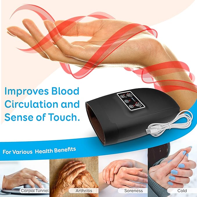 SereneLife Electric Compression Hand Massager - Electric Acupressure Palm Hand Massager w/ Air Pressure Heat Compress for Arthritis Carpal Tunnel Hand Pain Relief Finger Numbness - SLHNDMSG85