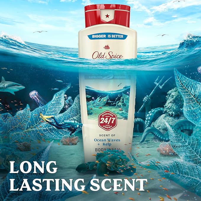 Old Spice Cleansing Body Wash for Men 24/7 Shower Fresh with Lasting Scent Exfoliate &amp Cleanse Gentle on Skin Vitamin B3 Deep Sea with Ocean Waves + Kelp Scent 18 oz (Pack of 4)