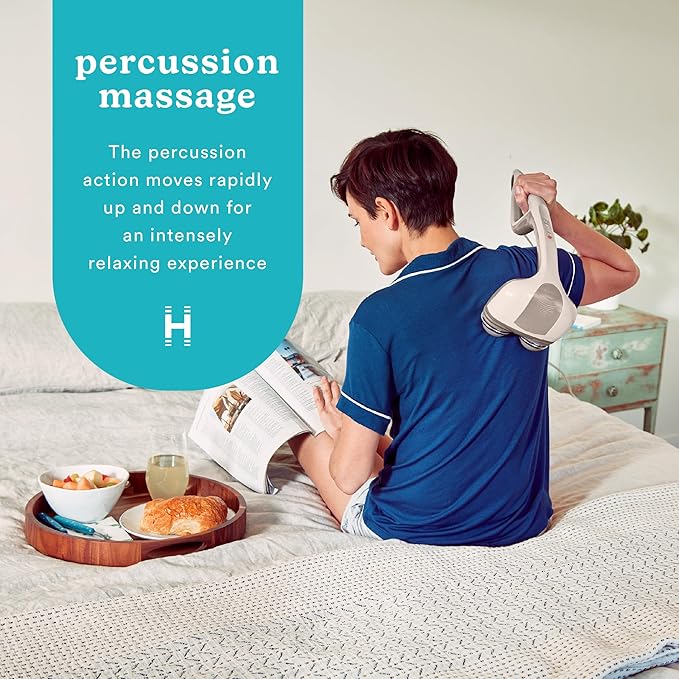 Homedics Percussion Action Massager with Heat | Adjustable Intensity Dual Pivoting Heads | 2 Sets Interchangeable Nodes Heated Muscle Kneading for Back Shoulders Feet Legs &amp Neck