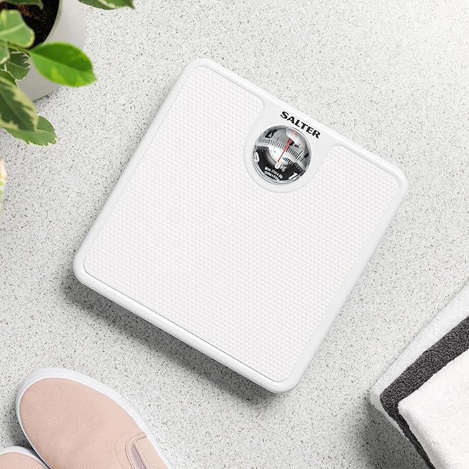 Salter 489JS WHDR Mechanical Bathroom Scales Easy to Read Display with Magnified Lens Measures Precise Weight in Stones and Kilograms No Batteries Required White