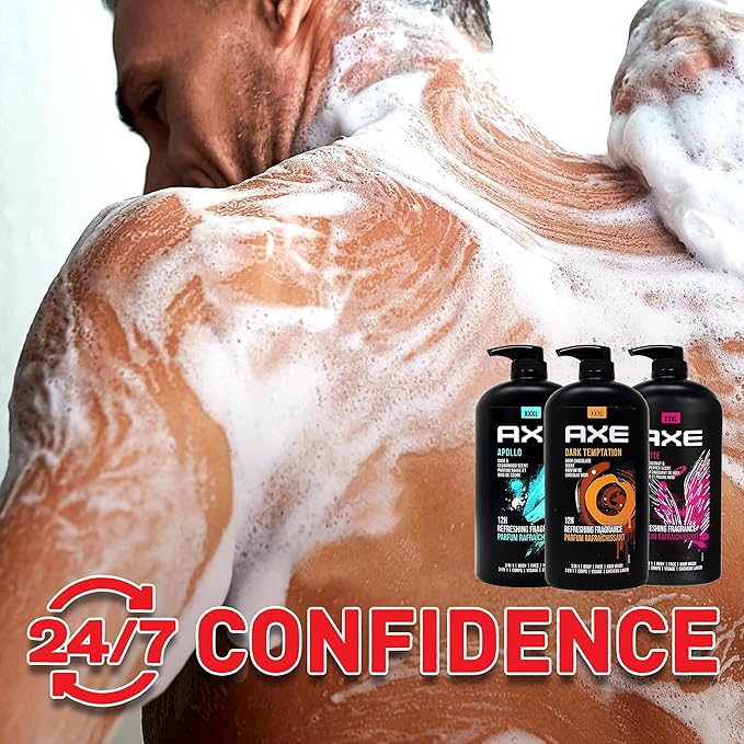 Axe Men's Body Wash Variety Set Set of 3 Scents Axe Dark Temptation Apollo and Excite Body Wash 3in1 Body and Face Wash in Pump Bottle 33.8 Ounce Each