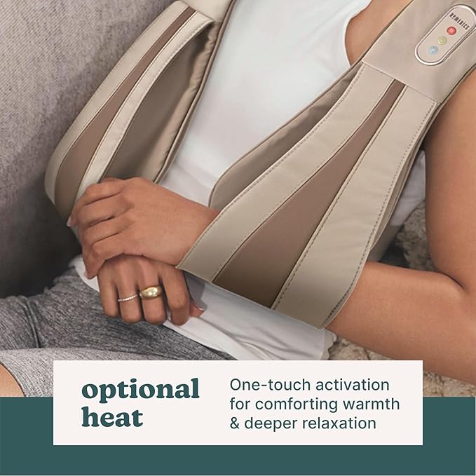 HoMedics Shiatsu Deluxe Neck &amp Shoulder Massager with Heat 3 Speeds Changes Direction Muscle Kneading for Back &amp Legs Portable Convenient Straps Thera-P Beige