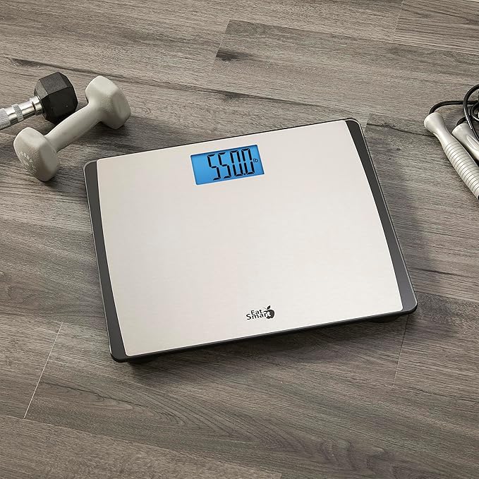 Eat Smart Precision 550 Pound Extra-High Capacity Digital Bathroom Scale Extra-Wide Platform Stainless Steel Body Weight Scale with Step-On Tech Silver