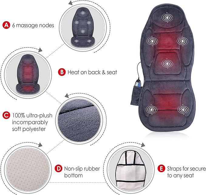 Snailax Vibration Back Massager with Heat Massage Seat Cushion with 6 Vibrating Motors and 2 Heat Levels Massage Chair Pad for Home Office use Gifts for Him Her